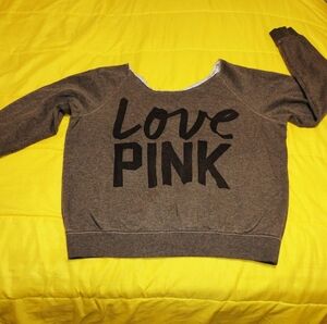 Women's or Juniors PINK off the shoulder sleeve Sweatshirt Size Large Grey Fall